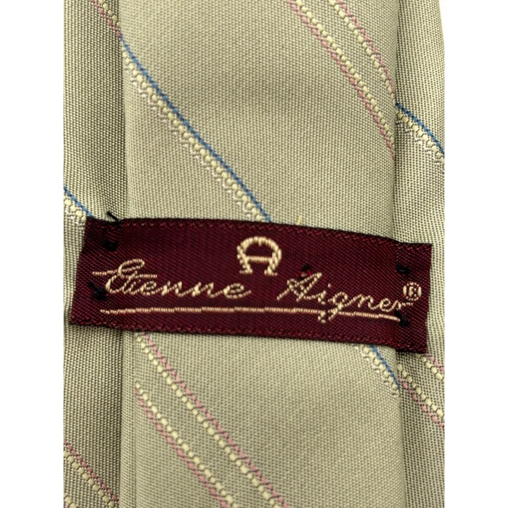 Vintage Etienne Aigner Men's Tie Taupe Beige Diagonal Stripe Embroidered Logo